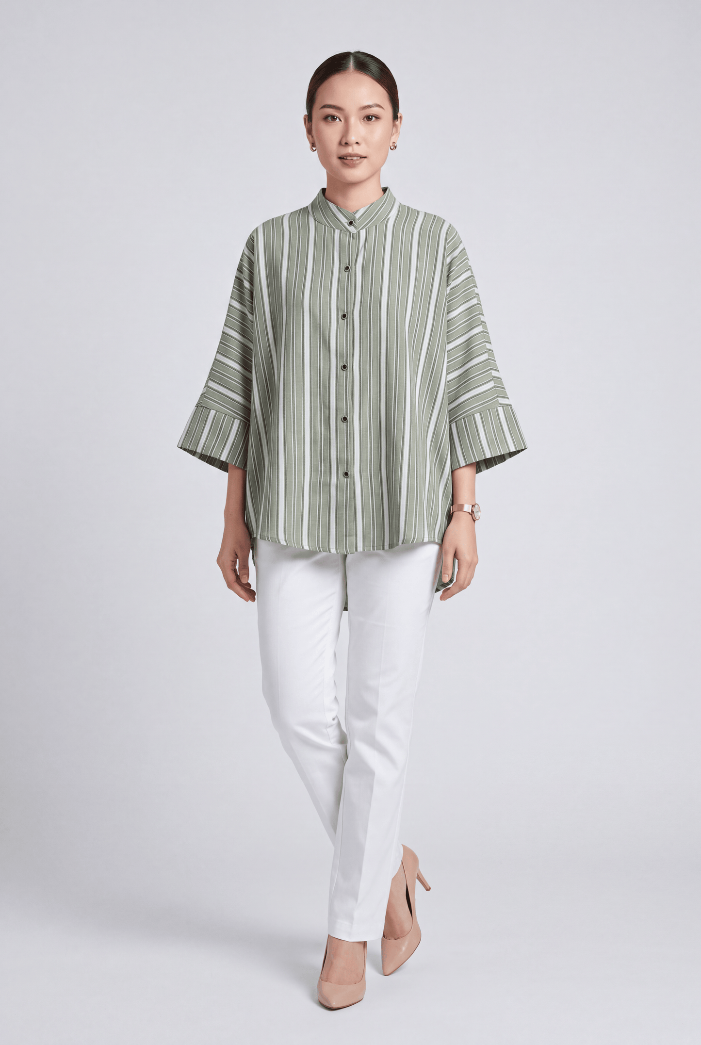Nora Striped Oversized Linen Blouse | Women's Modest Loose Fit Mandarin Collar Tunic