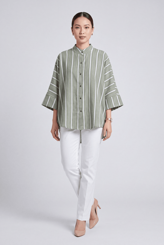 Nora Striped Oversized Linen Blouse | Women's Modest Loose Fit Mandarin Collar Tunic