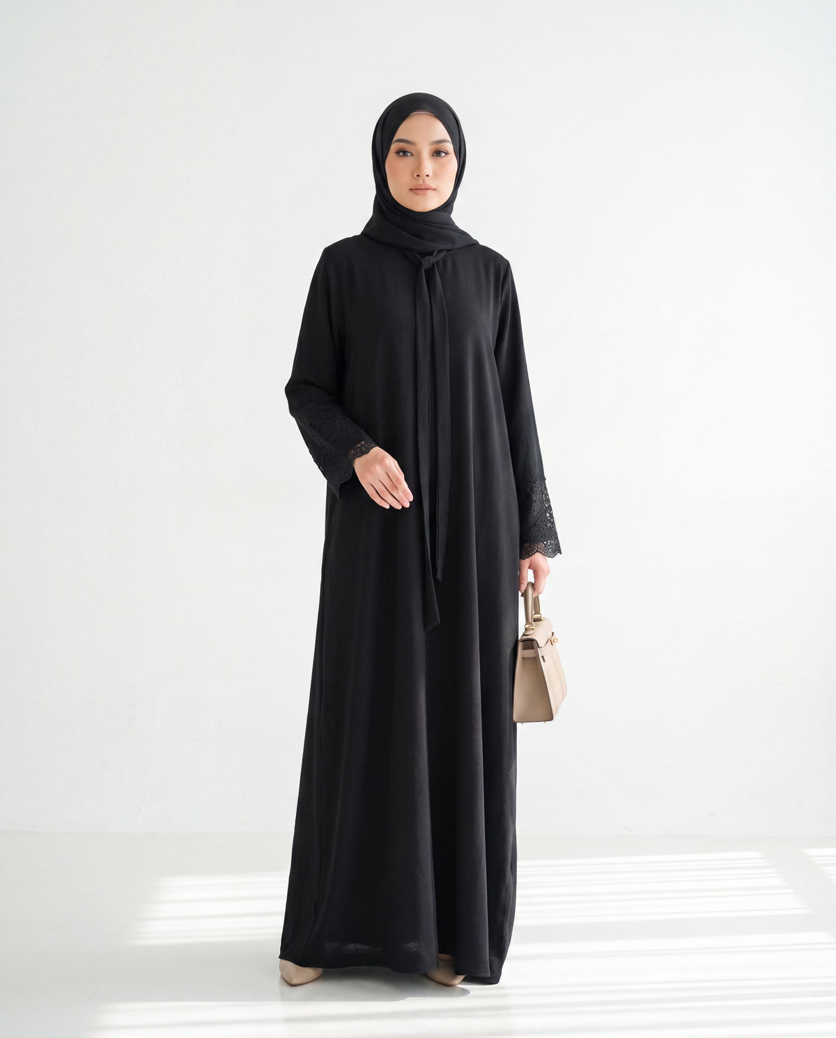 Aria Lace-Detailed Front-Tie Abaya