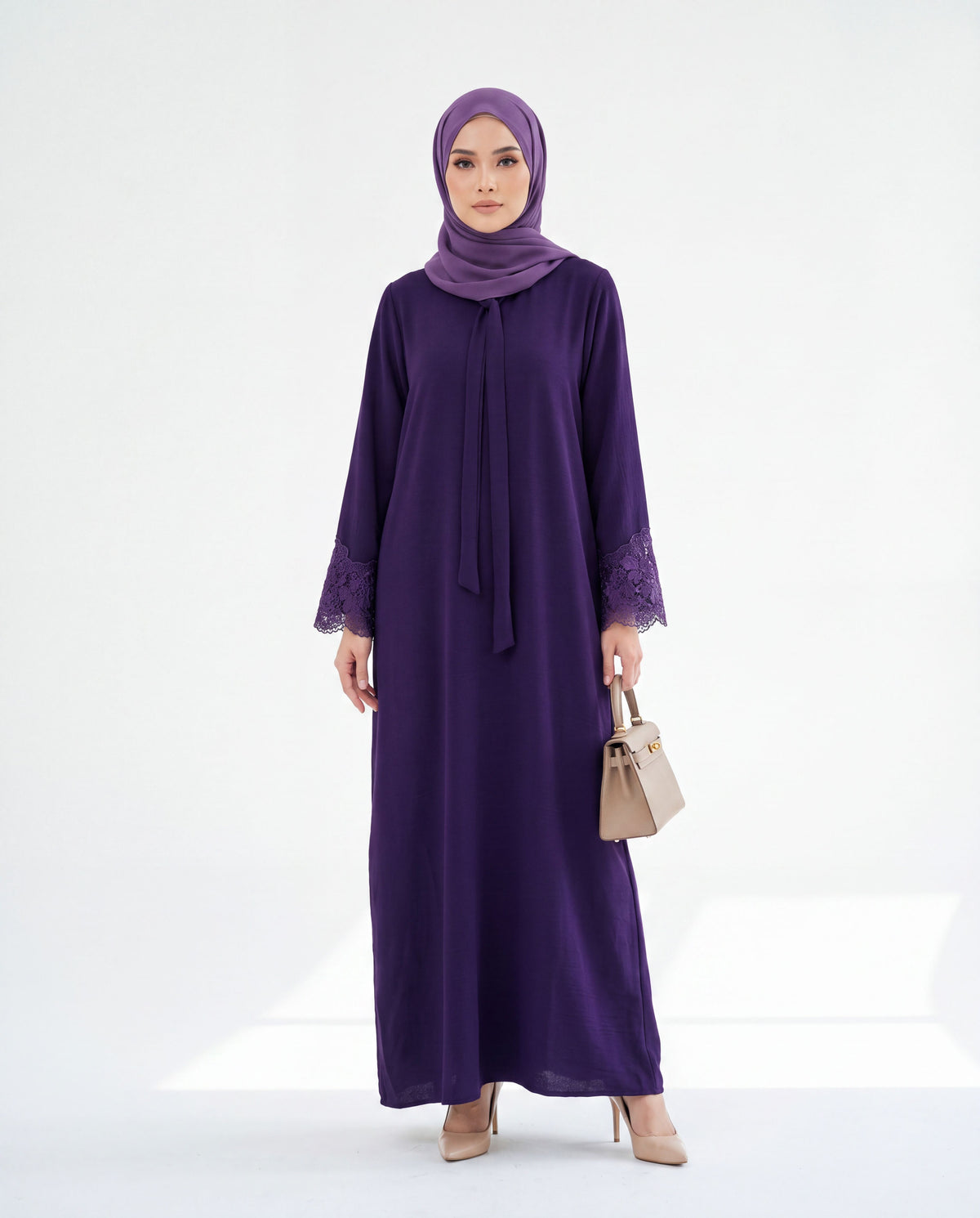 Aria Lace-Detailed Front-Tie Abaya